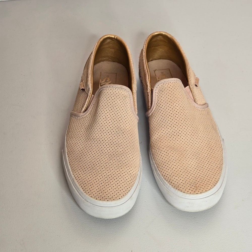 Vans Asher Perforated Suede Slip-On Blush Pink Metallic Gold Lining Sneaker Sz 9 - Picture 5 of 9